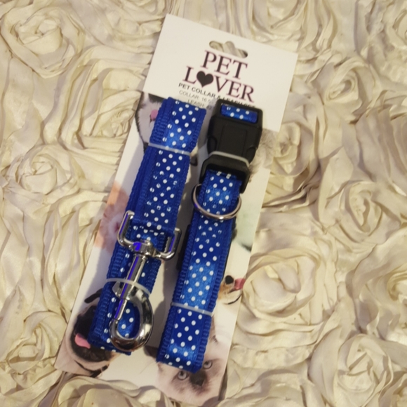 Dog Collar & Leash Set Blue Polka Dot Adjustable Walking Set - Picture 1 of 11